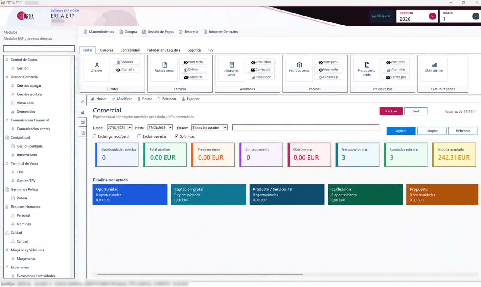 CRM comercial integrado con ERTIA ERP