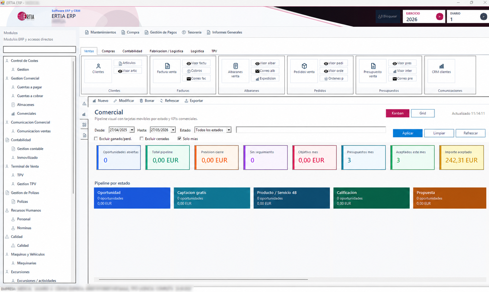 CRM comercial de ERTIA ERP para empresas de Alicante