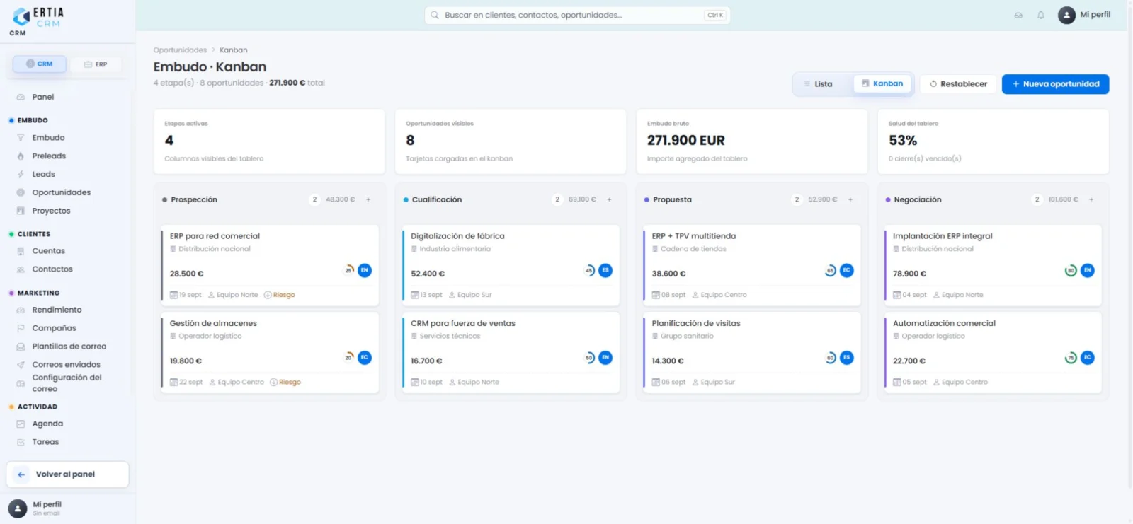 Embudo Kanban real de oportunidades en ERTIA Cloud CRM