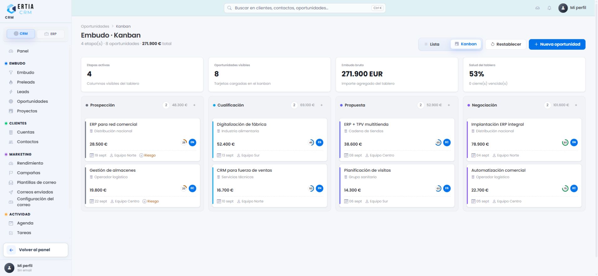 Embudo Kanban real de oportunidades en ERTIA Cloud CRM