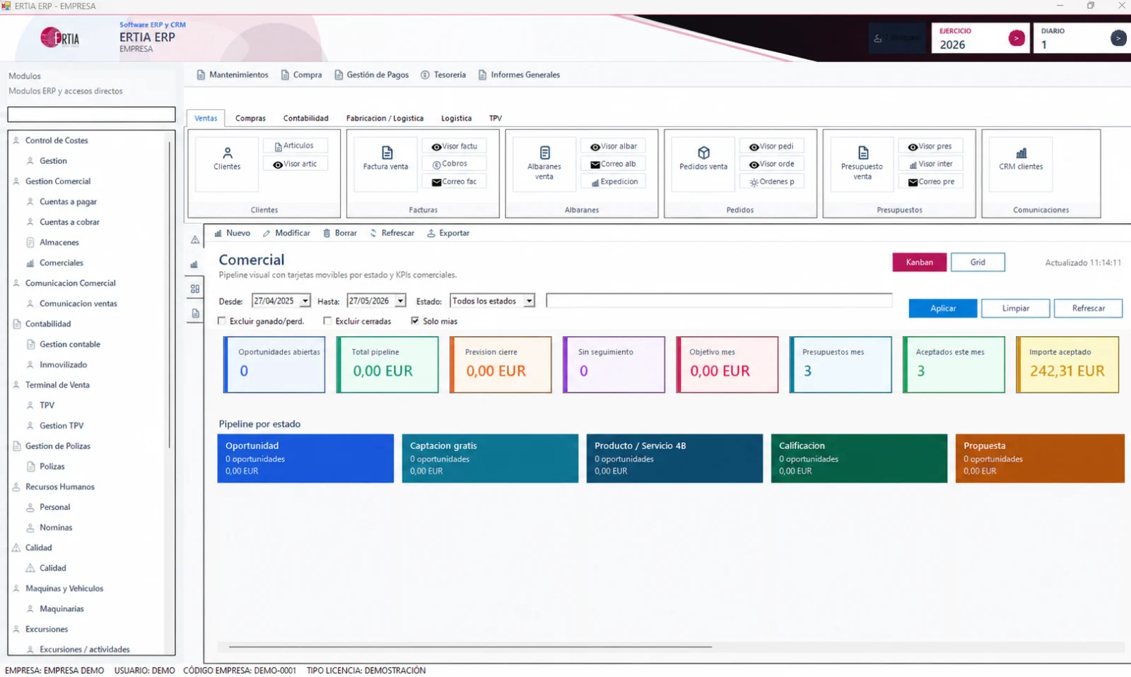 Pantalla real del CRM comercial y pipeline de ERTIA ERP