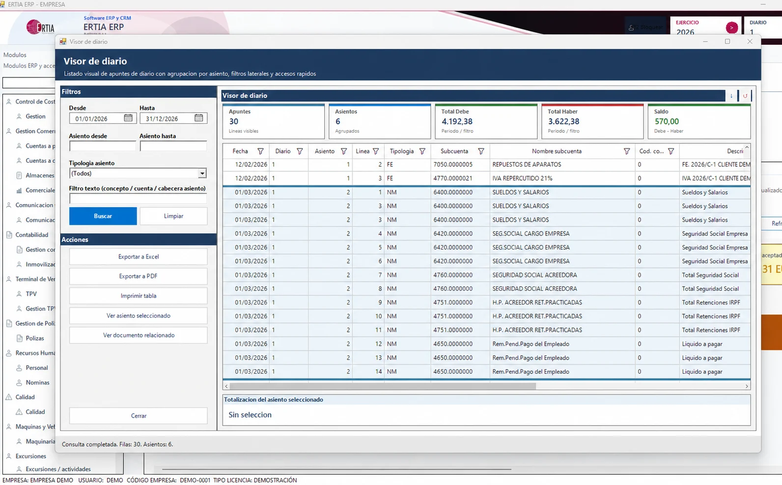 Pantalla real del visor de diario contable de ERTIA ERP