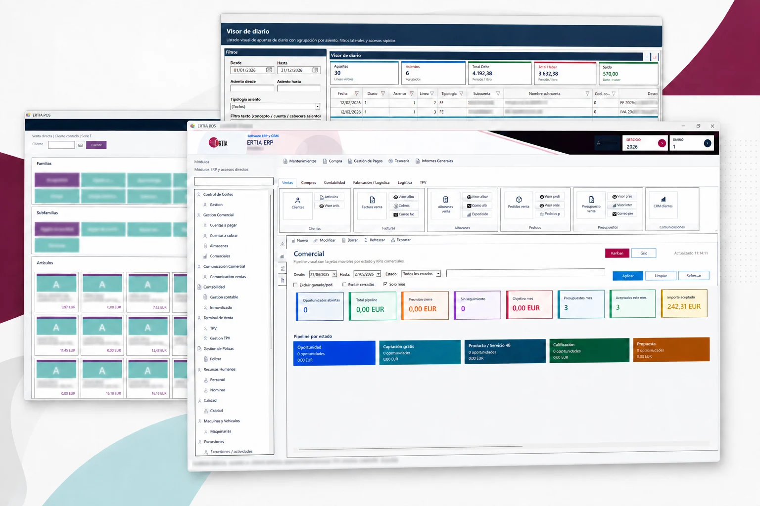 Pantallas reales de ERTIA ERP para CRM, TPV y contabilidad