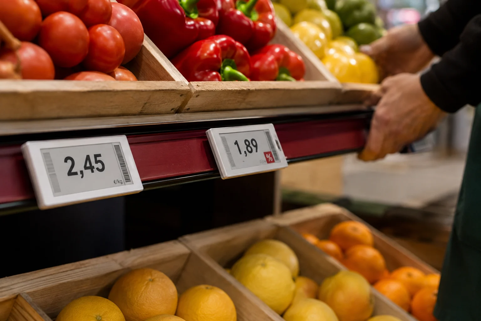 Etiquetas electrónicas junto a productos frescos en un comercio