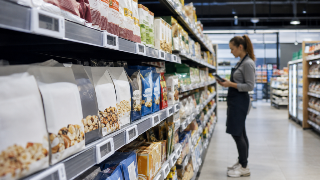 Lineal de supermercado con etiquetas electrónicas y una empleada consultando un dispositivo