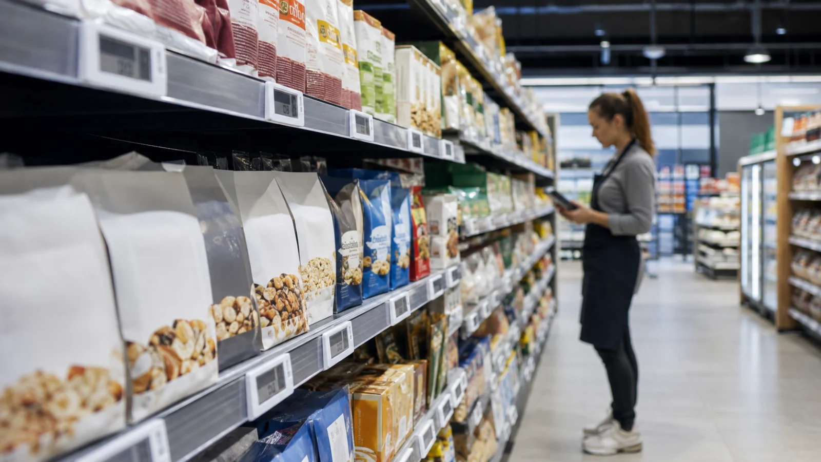 Lineal de supermercado con etiquetas electrónicas y una empleada consultando un dispositivo