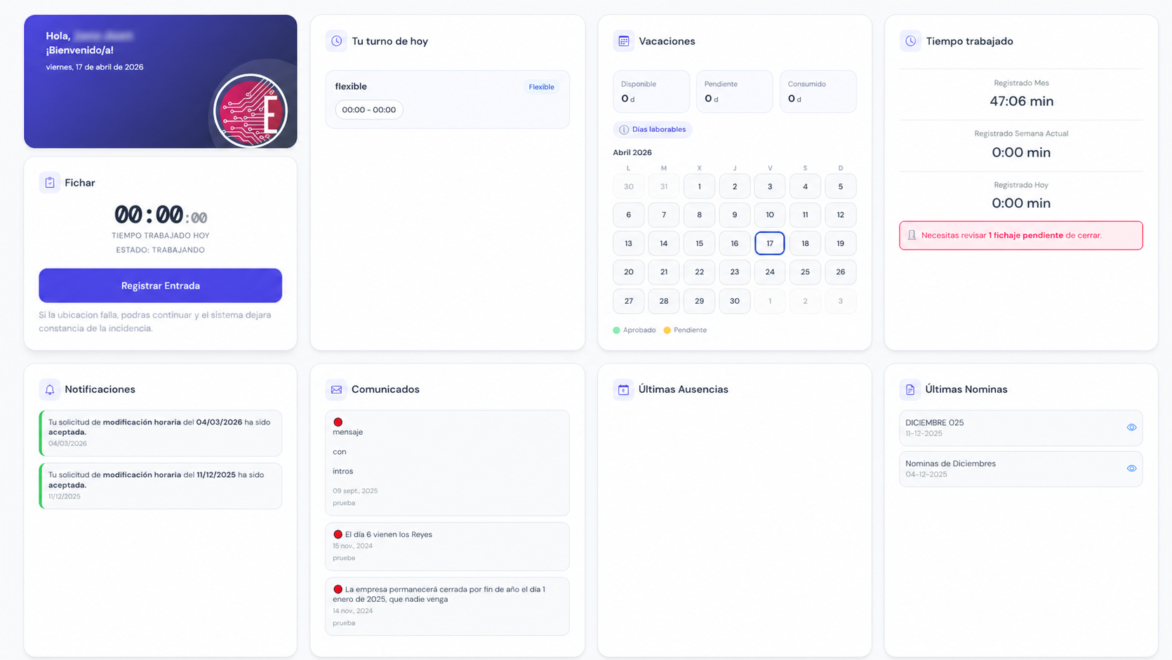 Pantalla de demostración de ERTIA RRHH para comparar alternativas a Sesame HR y Factorial