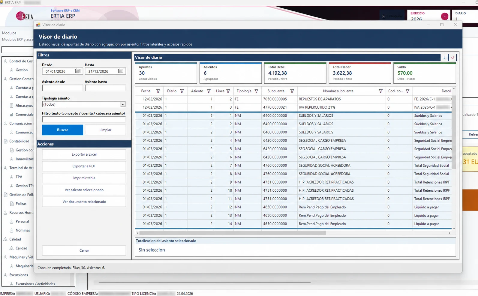Visor real del diario contable en ERTIA ERP