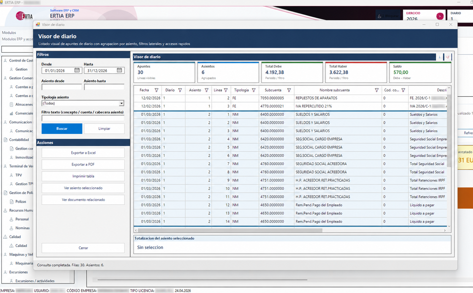 Visor real del diario contable en ERTIA ERP