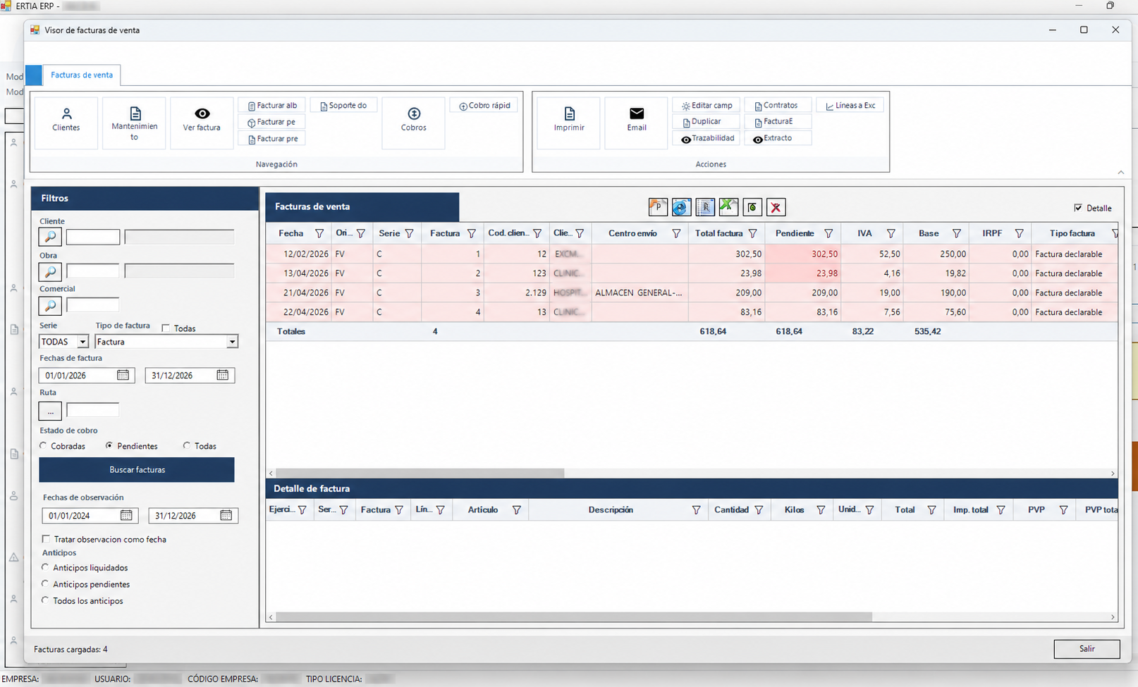 Visor real de facturas de venta en ERTIA ERP