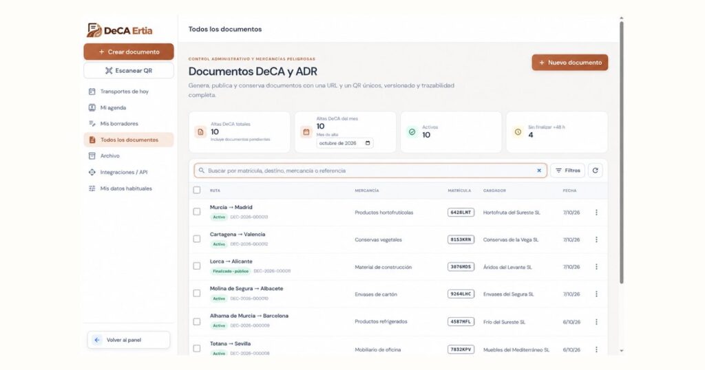 DECA de ERTIA: gestión de documentos de transporte en escritorio
